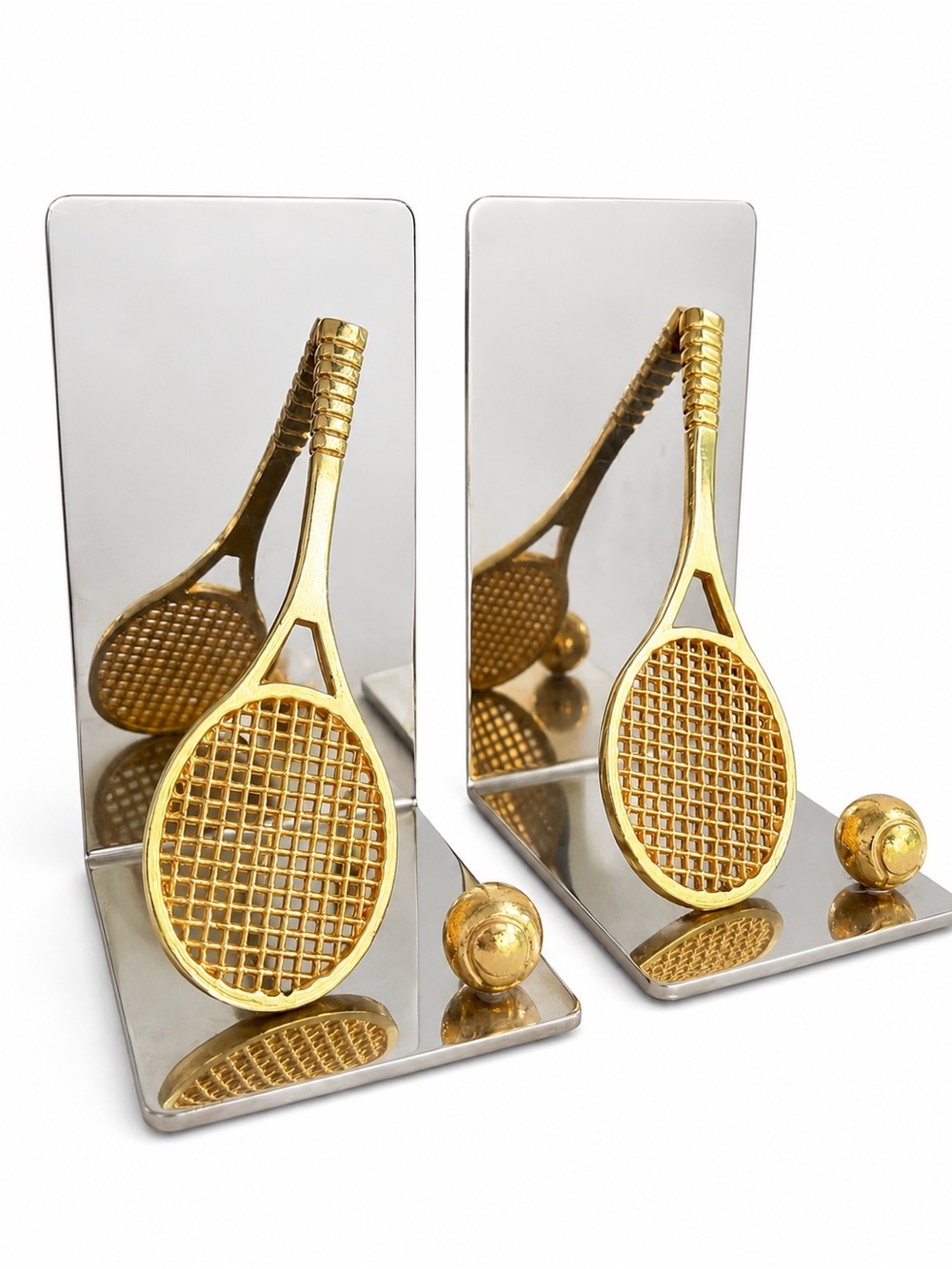 Vintage Brass Chrome Tennis Racket Bookends Pair MCM Sports Decor